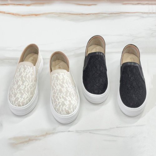 富發牌古著鞋 FUFASHOES 蕾絲厚底懶人鞋-黑/白 1BC97
