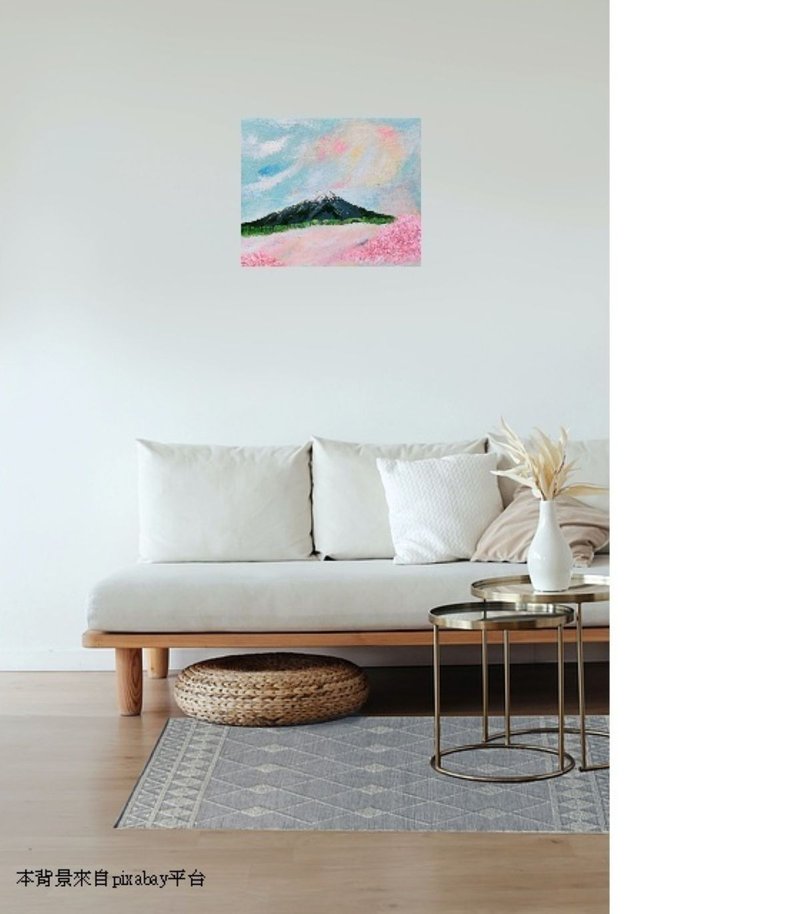 [Mt. Fuji & Cherry Blossoms] Frameless Painting / Wall Art / Acrylic Painting / Landscape / Original Art / Decor / Christmas Gift - ของวางตกแต่ง - ผ้าฝ้าย/ผ้าลินิน 