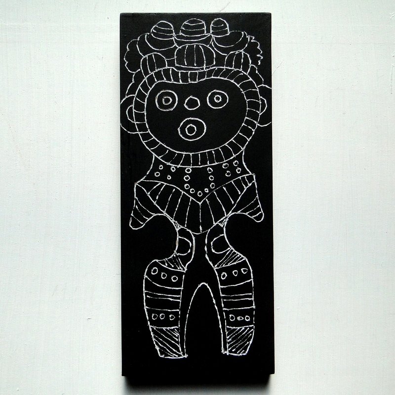 目の丸い土偶のウッドバーニングアート 原画 絵画 木雑貨 木工 アナログイラスト - 海報/掛畫/掛布 - 木頭 黑色