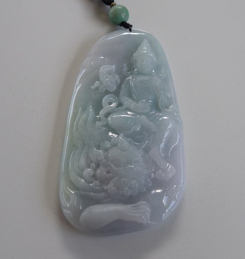 山奇藝術 天然A貨春帶彩 冰糯種翡翠 文殊菩薩 頸鏈 附中國張鑑定證書 吊墜
