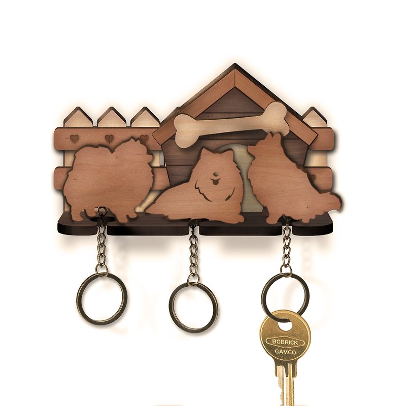 一窩狗博美鑰匙圈掛架+鑰匙圈三入 - 裝飾/擺設  - 木頭 