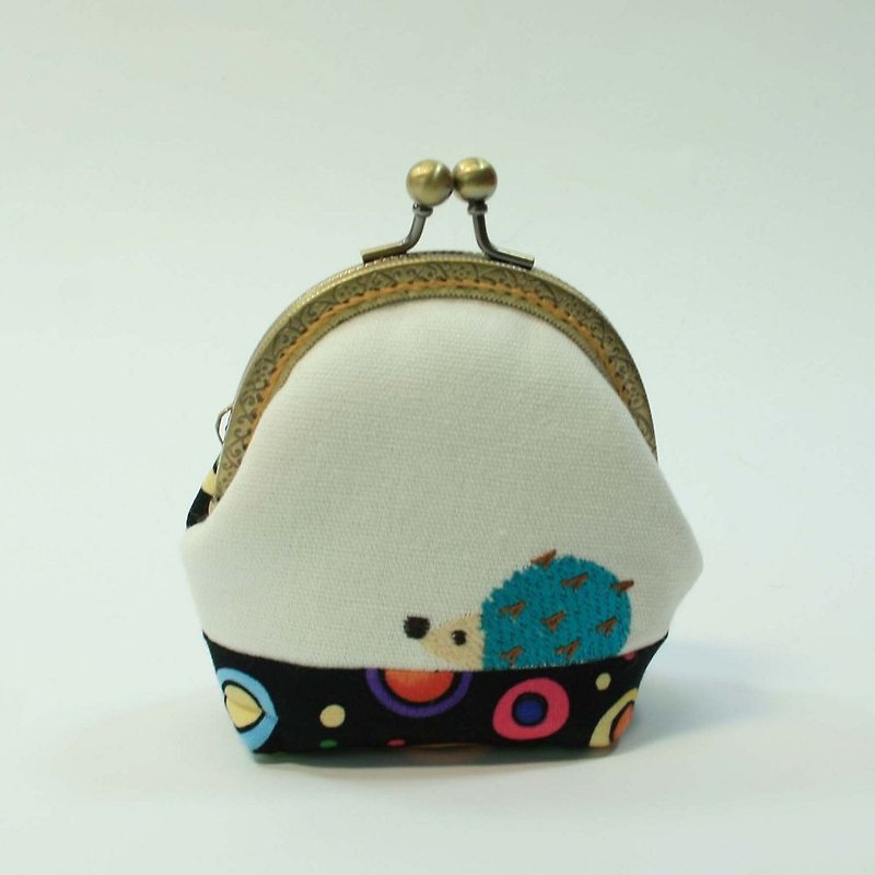 8.5cm purse mouth gold embroidery 13- hedgehog - กระเป๋าใส่เหรียญ - ผ้าฝ้าย/ผ้าลินิน สีดำ