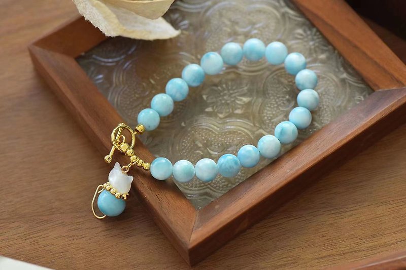 Natural Raw Mineral Sea Stone Cat Cat Sea Blue Mystery Design Bracelet Bracelet - สร้อยข้อมือ - เครื่องประดับพลอย สีน้ำเงิน