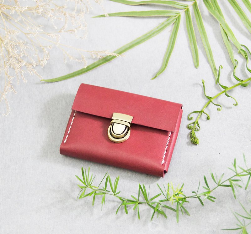 [Leather double-layer card coin purse/business card holder] European vegetable tanned cowhide/customized lettering/red wine - Coin Purses - Genuine Leather Red