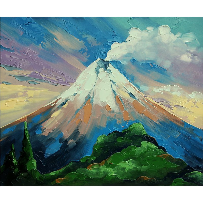 Volcano Painting Mountain landscape Original Art Handmade Wall Decor - โปสเตอร์ - วัสดุอื่นๆ สีน้ำเงิน