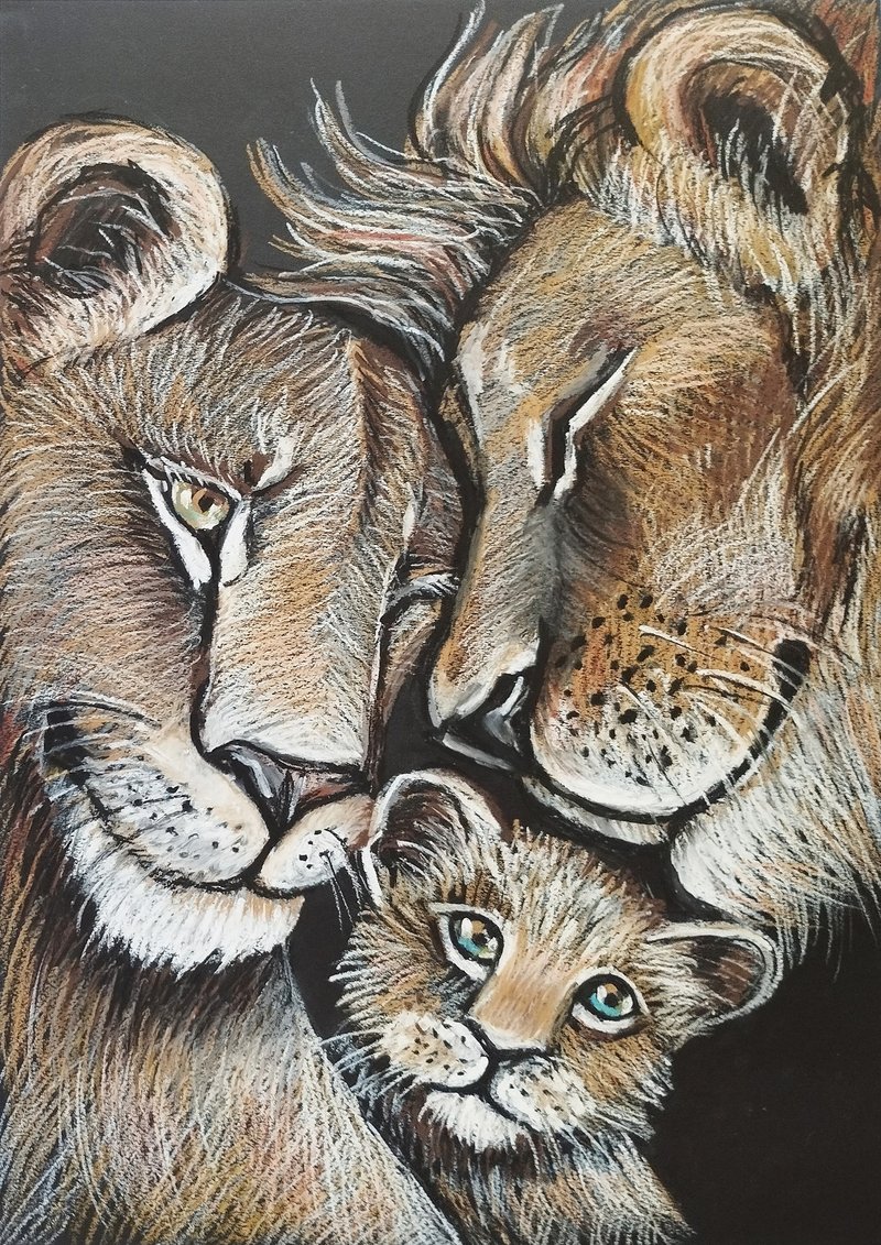 Love The family of Lions Oil Pastel Portrait animal Pride Original painting art - 壁貼/牆壁裝飾 - 紙 咖啡色