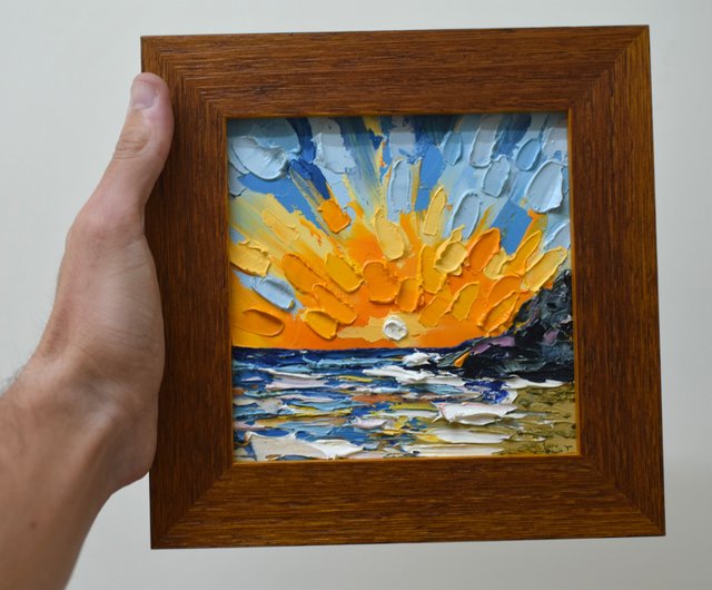 オリジナル油絵 海辺の日の出 木製フレーム付き - ショップ Oil