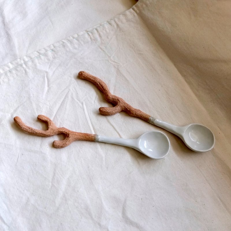 Pair of twigs, spoons, teaspoons - ช้อนส้อม - ดินเผา สีนำ้ตาล