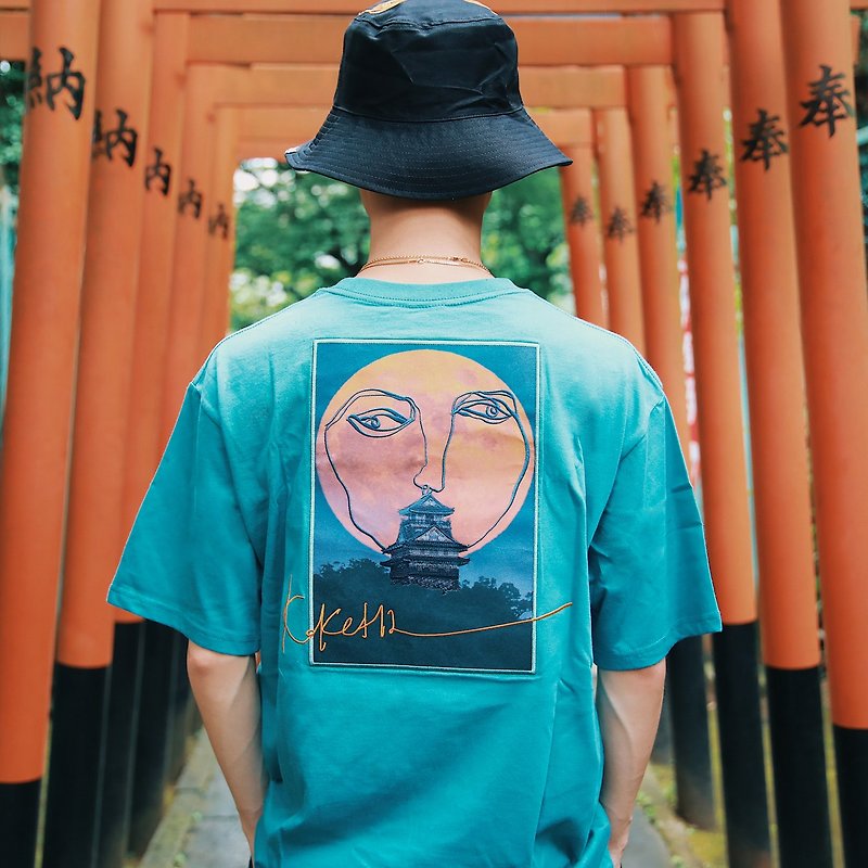 高強度刺繍月湖水グリーンT KOKETITアーティスト×HISA日本人写真家 連名サイン - Tシャツ メンズ - コットン・麻 ブルー