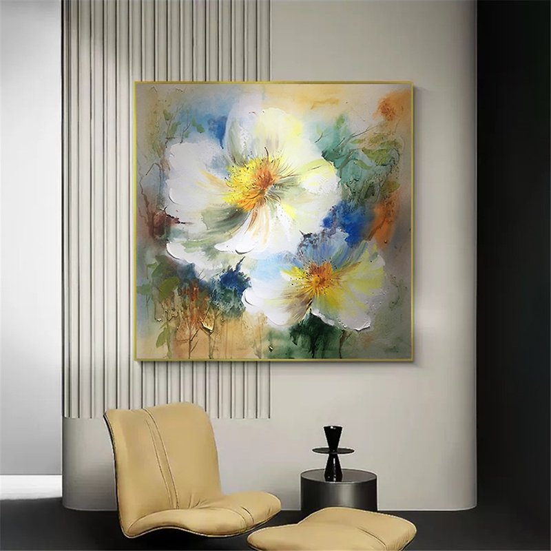 Flowers Painting Abstract Canvas Wall Art Living Room framed acrylic texture art - โปสเตอร์ - ลินิน 