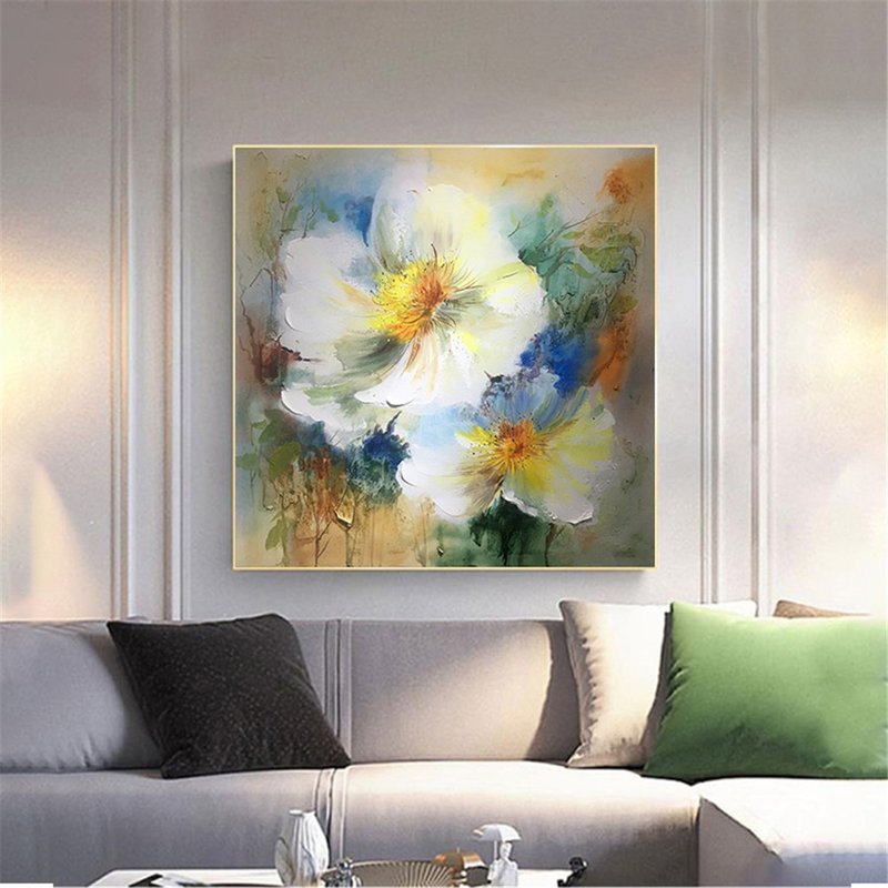 Original Flowers Canvas Painting Abstract acrylic texture Wall Art Living Room - Posters - Linen 