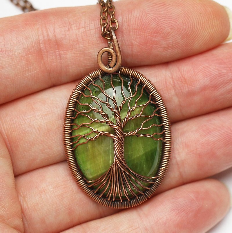Tiger Eye Pendant Tree Of Life Necklace Spiritual Jewelry Yggdrasil Necklace - Necklaces - Semi-Precious Stones Green