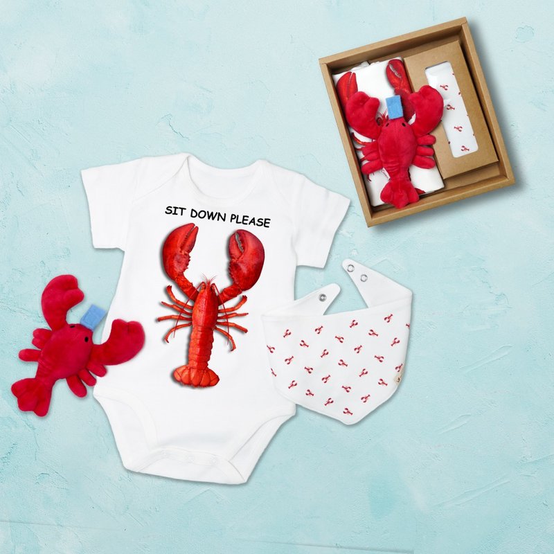 Lobster shortsleeves Bodysuits (White) & Pacifier Holder&Bibs - Baby shower gift - Baby Gift Sets - Cotton & Hemp White