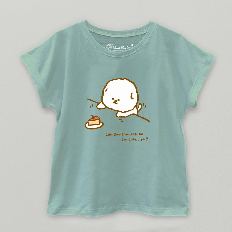 A Mian dog wants to eat cake T-shirt - เสื้อผู้หญิง - ผ้าฝ้าย/ผ้าลินิน สีเขียว