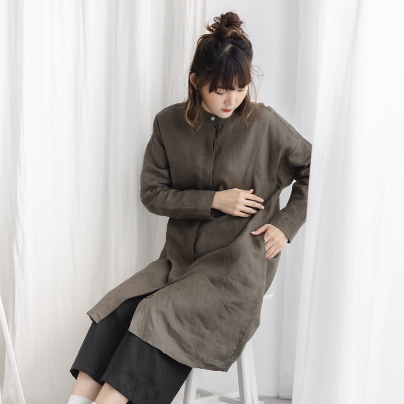 Linen Mandarin Collar Long Sleeve Dress and Tunic - Seaweed Green - 洋裝/連身裙 - 亞麻 綠色