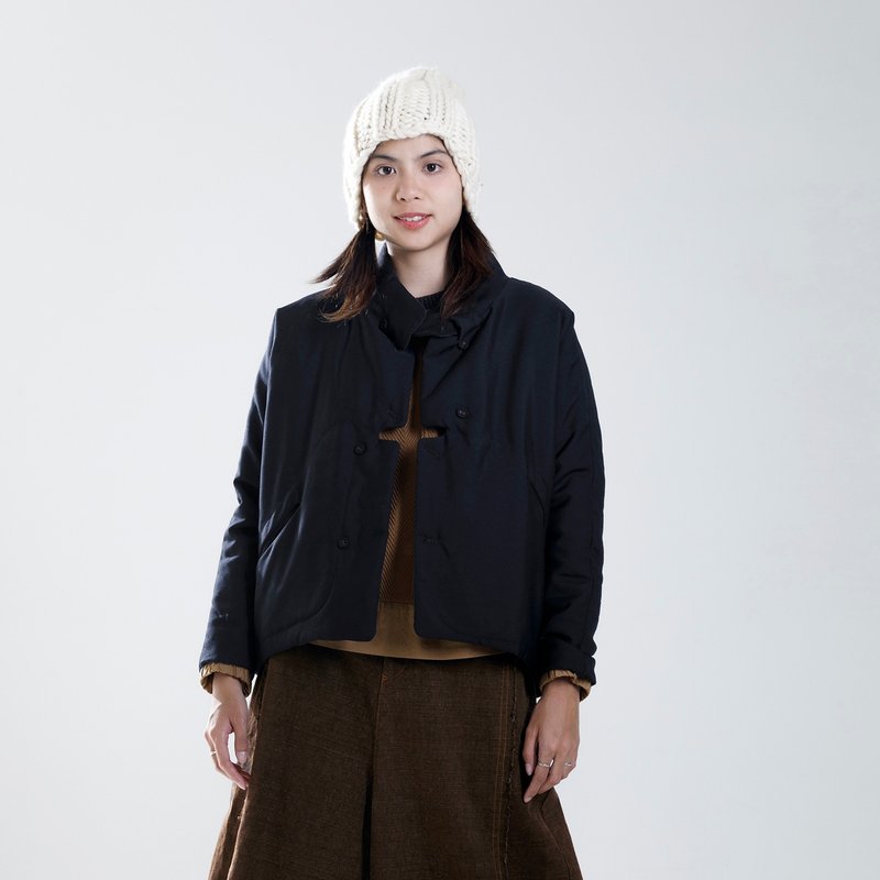 交錯衣襟高領鋪棉外套 - 女大衣/外套 - 羊毛 藍色