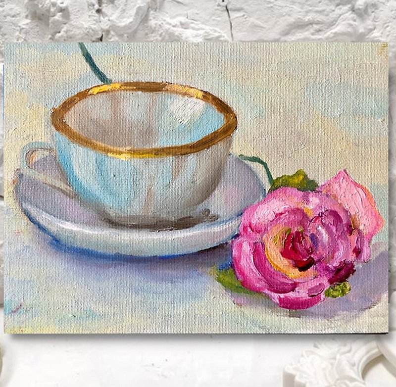 Teacup and rose / Hand-painted oil painting / still life / Wall decoration - โปสเตอร์ - ผ้าฝ้าย/ผ้าลินิน 