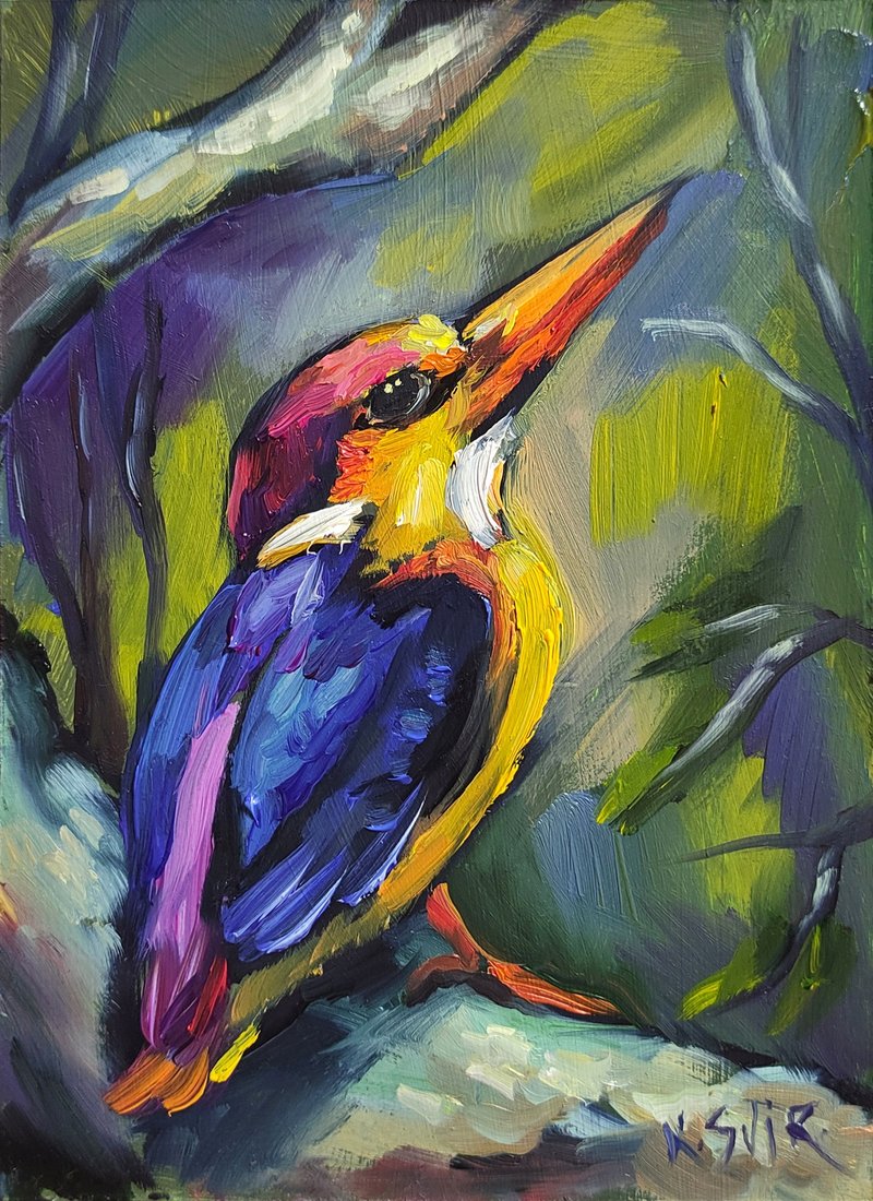 Kingfisher Painting Bird Original Art Small Oil Painting Animal Artwork - 海報/掛畫/掛布 - 其他材質 多色