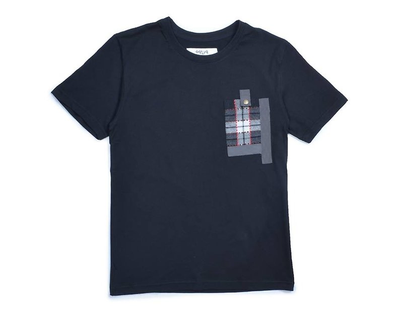 oqLiq  - アーバンナイト - アンティークチェック柄のファブリックTシャツ（黒） - Tシャツ メンズ - コットン・麻 ブラック