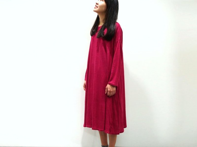 Beet Dyed Linen Jersey Long Sleeve Dress Dress 8612-04012-77 - ชุดเดรส - ผ้าฝ้าย/ผ้าลินิน 
