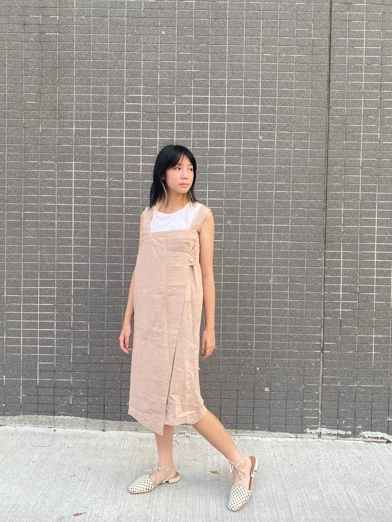 肩帶背心洋裝 - 洋裝/連身裙 - 棉．麻 粉紅色