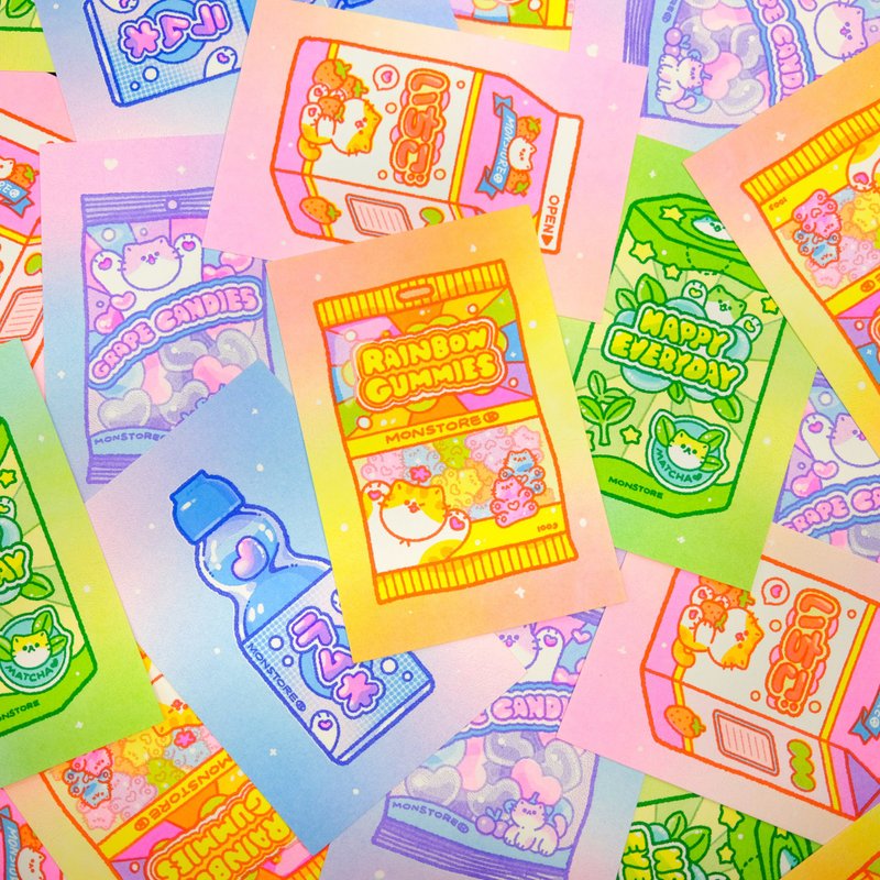 小貓零食 明信片 祝福 禮物 Riso 印刷 Risograph孔版 原創 - 卡片/明信片 - 紙 多色