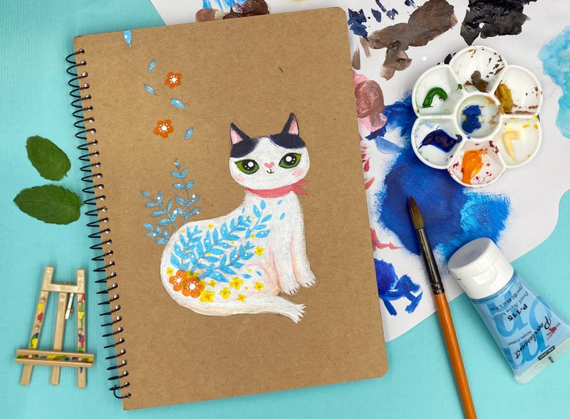 Hand-painted meow notebook/A5 blank coil/kraft paper cover - Notebooks & Journals - Paper Khaki