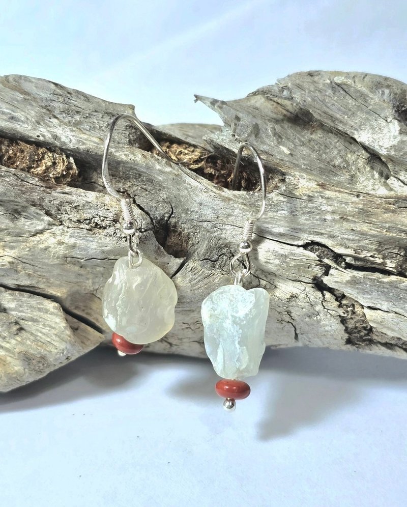 amber. Sea-washed white chalcedony and red jasper ear hooks - Earrings & Clip-ons - Gemstone Red