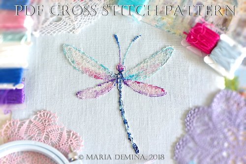 LittleRoomInTheAttic Watercolor Dragonfly III PDF cross stitch pattern