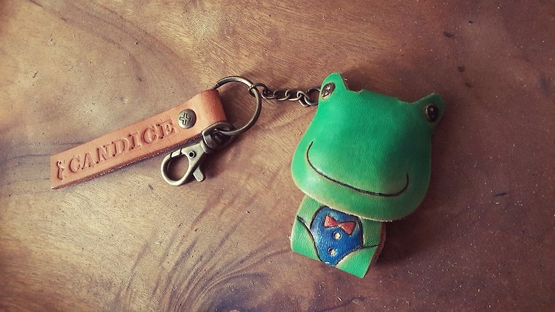 紳士可愛小青蛙純牛皮鑰匙圈- 可刻字 - 鑰匙圈/鎖匙扣 - 真皮 綠色
