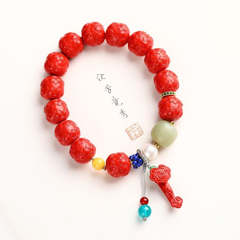 天然原礦硃砂精品紅砂雙蓮花手鏈 精品原創 硃砂含量高達95以上 - 手鍊/手環 - 寶石 