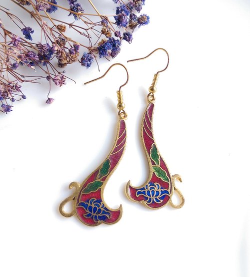 老時光角落 Vintage Jewelry 西洋古董飾品 捲曲花卉 景泰藍 耳勾 針式耳環