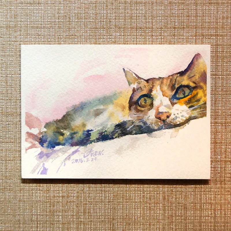 オリジナル水彩画[その上に横たわって怠惰な猫] - ポスター・絵 - 紙 ブラウン