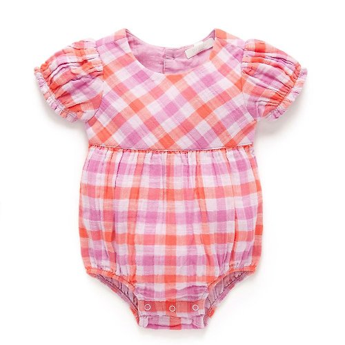 Purebaby有機棉 澳洲Purebaby有機棉嬰兒短袖包屁衣/新生兒 連身衣 橘粉格子