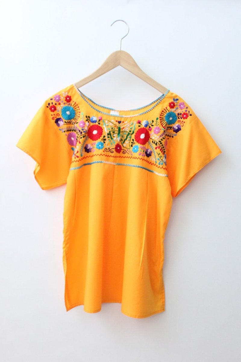 [] US Air RE0323MT05 bottom Mexican orange embroidered vintage blouse - Women's Tops - Other Materials Orange
