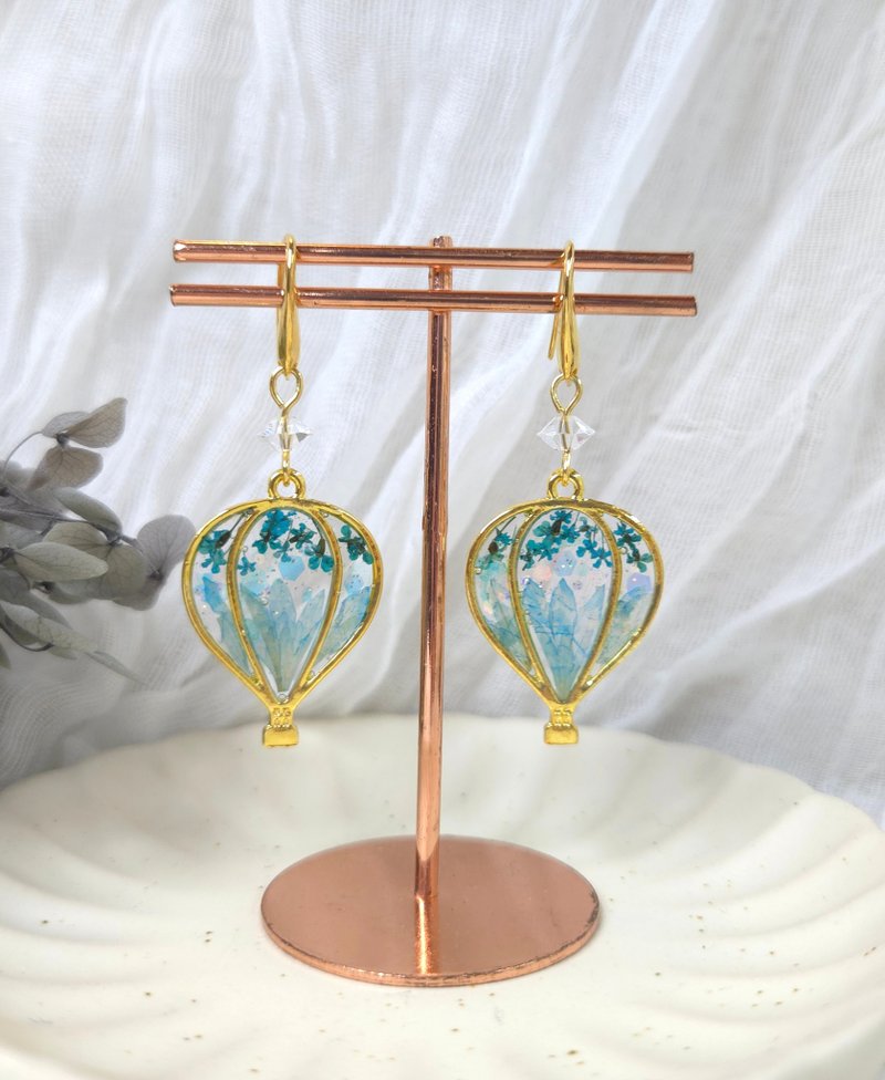 熱氣球押花法式耳勾 - 耳環/耳夾/耳骨夾 - 樹脂 藍色