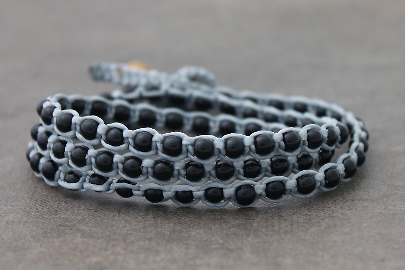 Black Onyx Stone Beaded Wrap Woven Bracelets Grey Cotton Hemp Wrap Bracelets - Bracelets - Stone Black