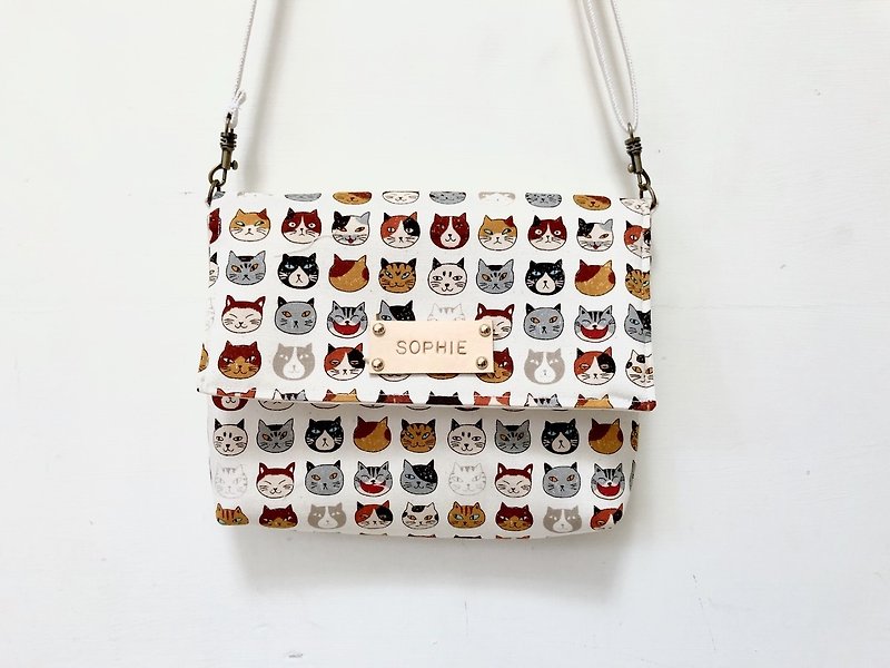 MINIxROSE cat face thick toast bag/cross bag/shoulder bag/with free printed name leather label - กระเป๋าแมสเซนเจอร์ - ผ้าฝ้าย/ผ้าลินิน สีส้ม