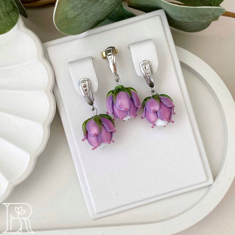 Cute Pink Jewelry Flower Set Gift Best Birthday Present For Her - ต่างหู - เงินแท้ สีม่วง