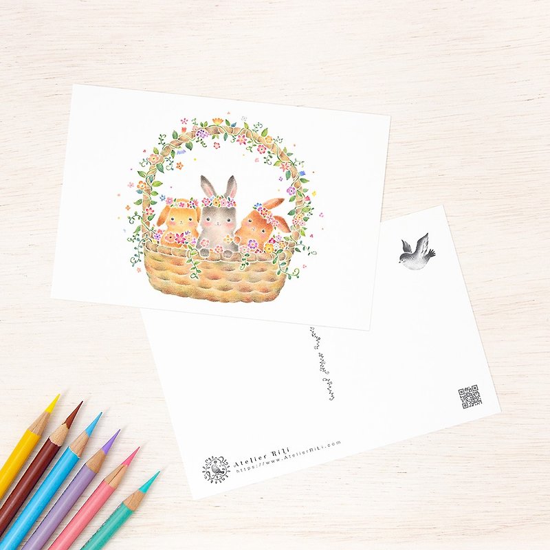 Set of 5 pieces. Like a picture book. Postcard "Rabbits in a flower basket" PC-403 - Cards & Postcards - Paper Pink