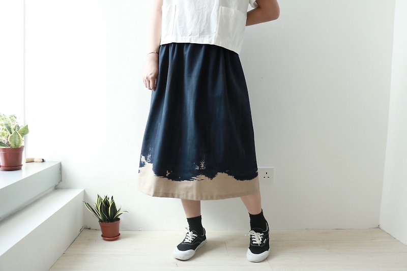 Own system / waves / half skirt - กระโปรง - ผ้าฝ้าย/ผ้าลินิน สีน้ำเงิน