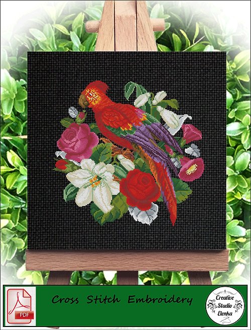 CreativeStudioElenka Vintage Cross Stitch Scheme Parrot and lilies - PDF Embroidery Scheme
