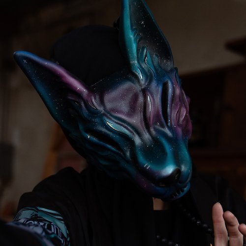 WorkshopRS Japanese Kitsune mask - Purple and Blue wolf mask wearable, Japan Fox mask