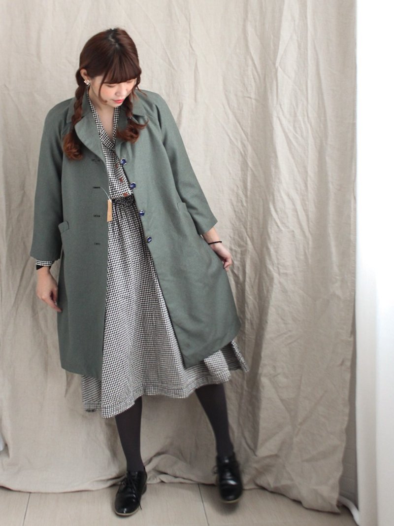 復古秋冬典雅修身深藍扣綠色古著風衣大衣外套 - 女西裝外套 - 聚酯纖維 綠色