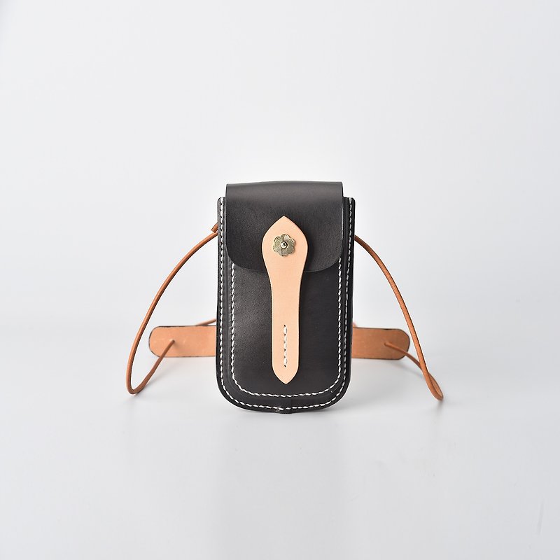 [Cutting line] vegetable tanned leather top layer cowhide handmade mini mobile phone bag shoulder messenger bag - กระเป๋าแมสเซนเจอร์ - หนังแท้ สีดำ