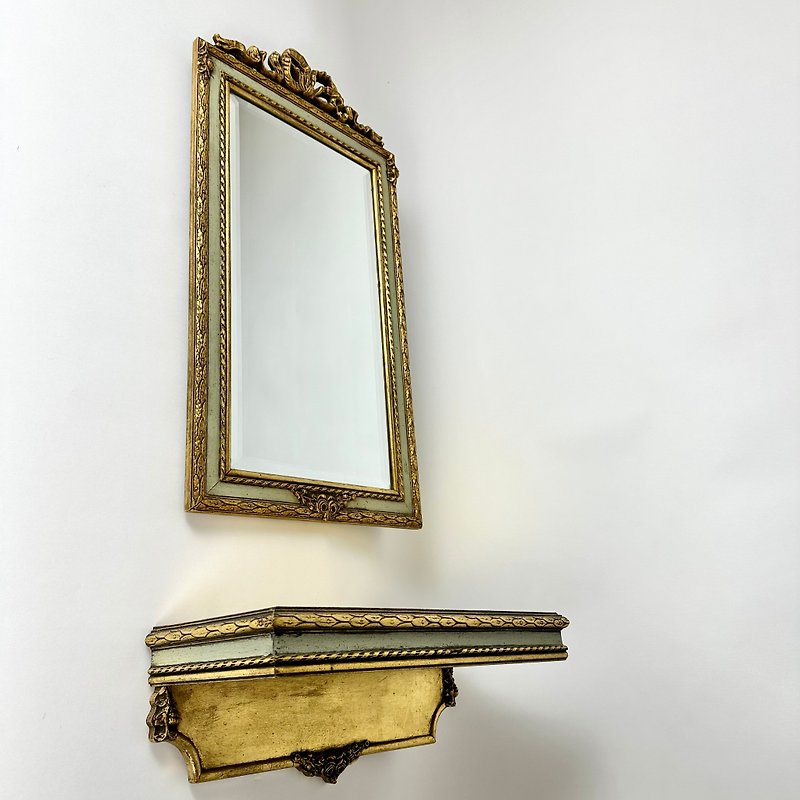 กระจกไม้ชุบทองวินเทจพร้อมคอนโซลติดผนังเบลเยียมปี 1960 - ตกแต่งผนัง - ไม้ สีทอง
