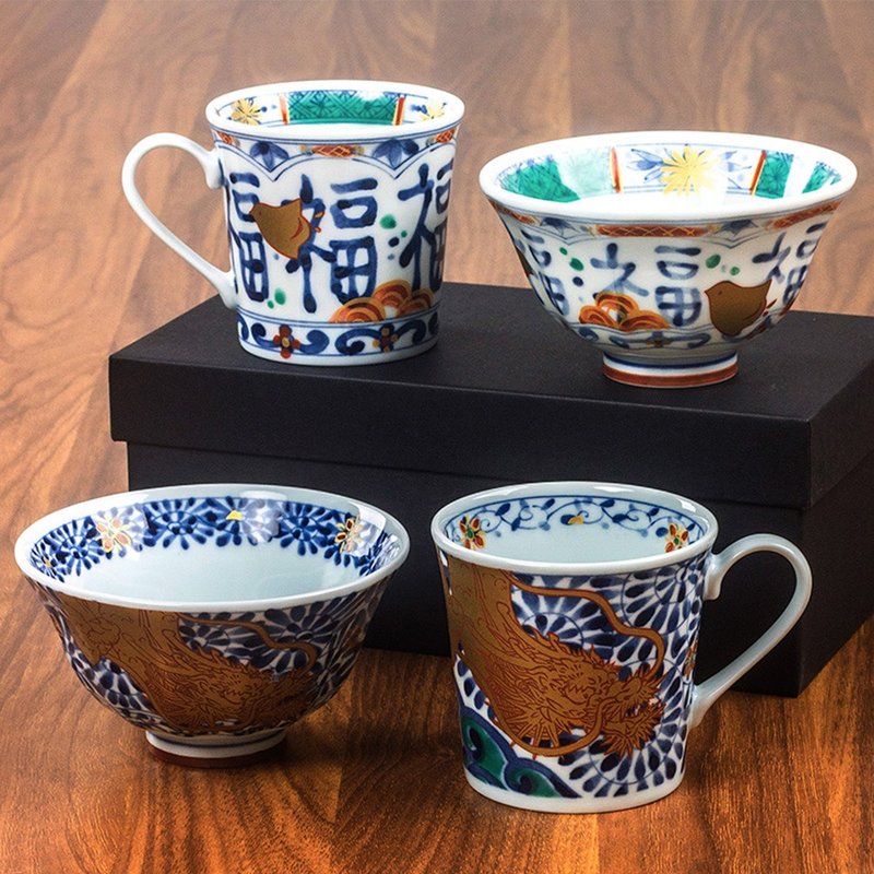 Japanese Lanlintang blue and white gold dragon ancient style romantic chidori blessing gold rice bowl mug ceramic gift box set - ถ้วยชาม - เครื่องลายคราม 