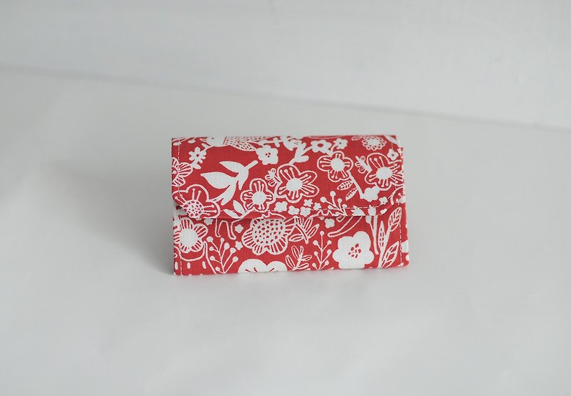 貓鳥與花/京都棉麻布+紙零錢包卡片夾/1983ERXspicaの庭 幸運錢包 - 長短皮夾/錢包 - 棉．麻 紅色