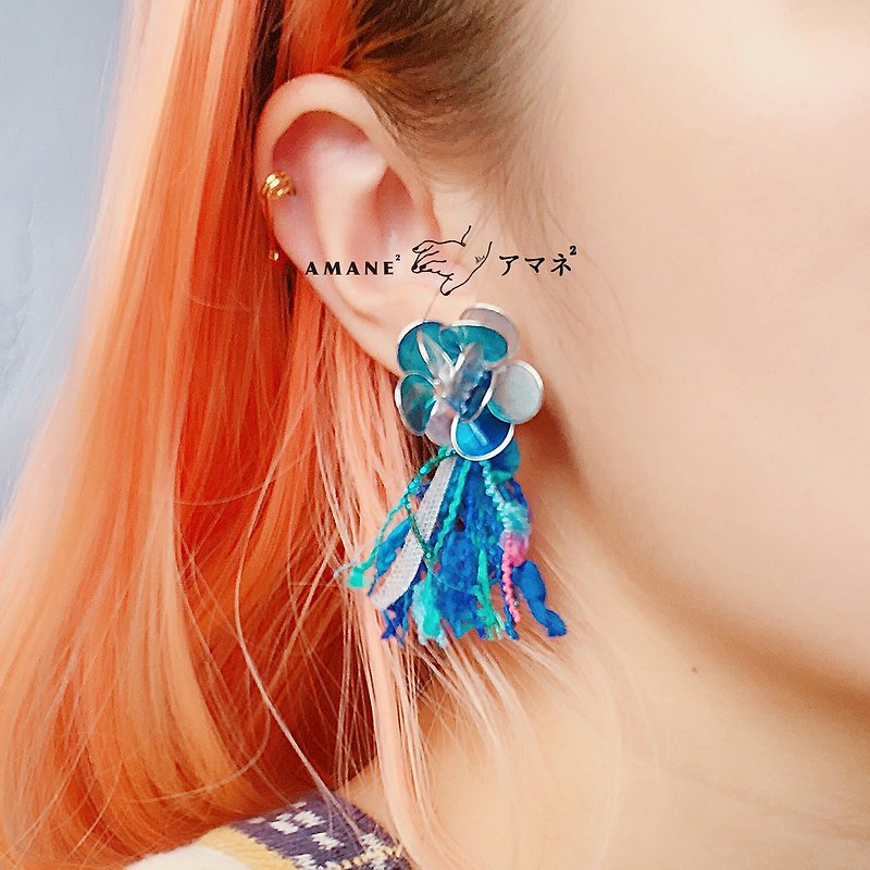 金魚花火 - 湖藍 (湖水藍透明光澤樹脂毛線流蘇耳環) - 耳環/耳夾 - 樹脂 藍色