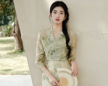 [Light Green] New Chinese Retro Chinese Style V-neck Printed Outerwear/Suspender Skirt
